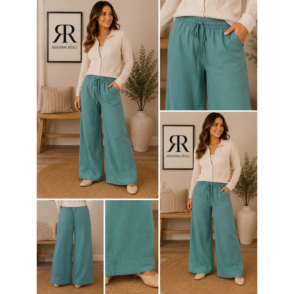Rewash Womens Teal Green Linen Blend Wide Leg Drawstring Pants Size Large